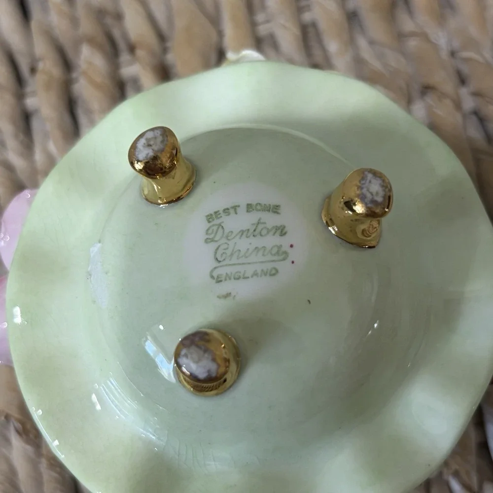 Vintage Denton Best Bone China Taper Holders England Roses‎ Gold Footed
